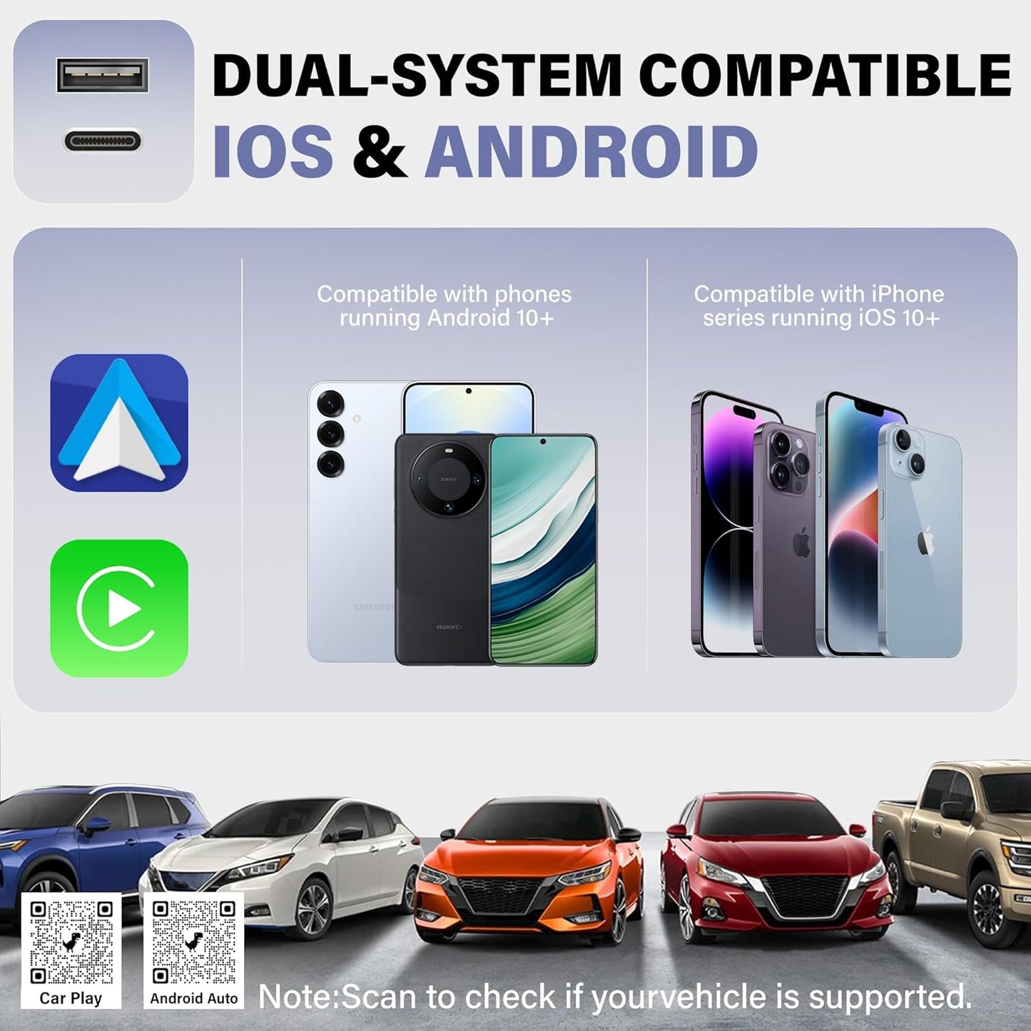 Wireless CarPlay Adapter– Android Auto Wireless Adapter, 5.8GHz Wi-Fi Plug & Play,Mini and Stable iOS 10+/Android 10+, Fast Auto-Connect for Cars 2016+.