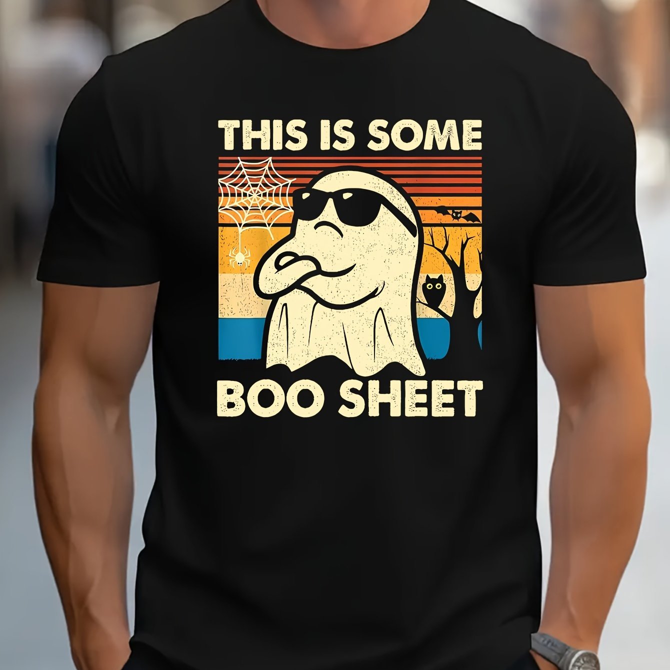 A Halloween Themed Graphic T-shirt - Casual Polyester Round Neck T-shirt With Spandex, Slightly Elastic, Regular Short Sleeved - Men's Halloween Ghost Print This Is Some Ghost Cloth Pullover