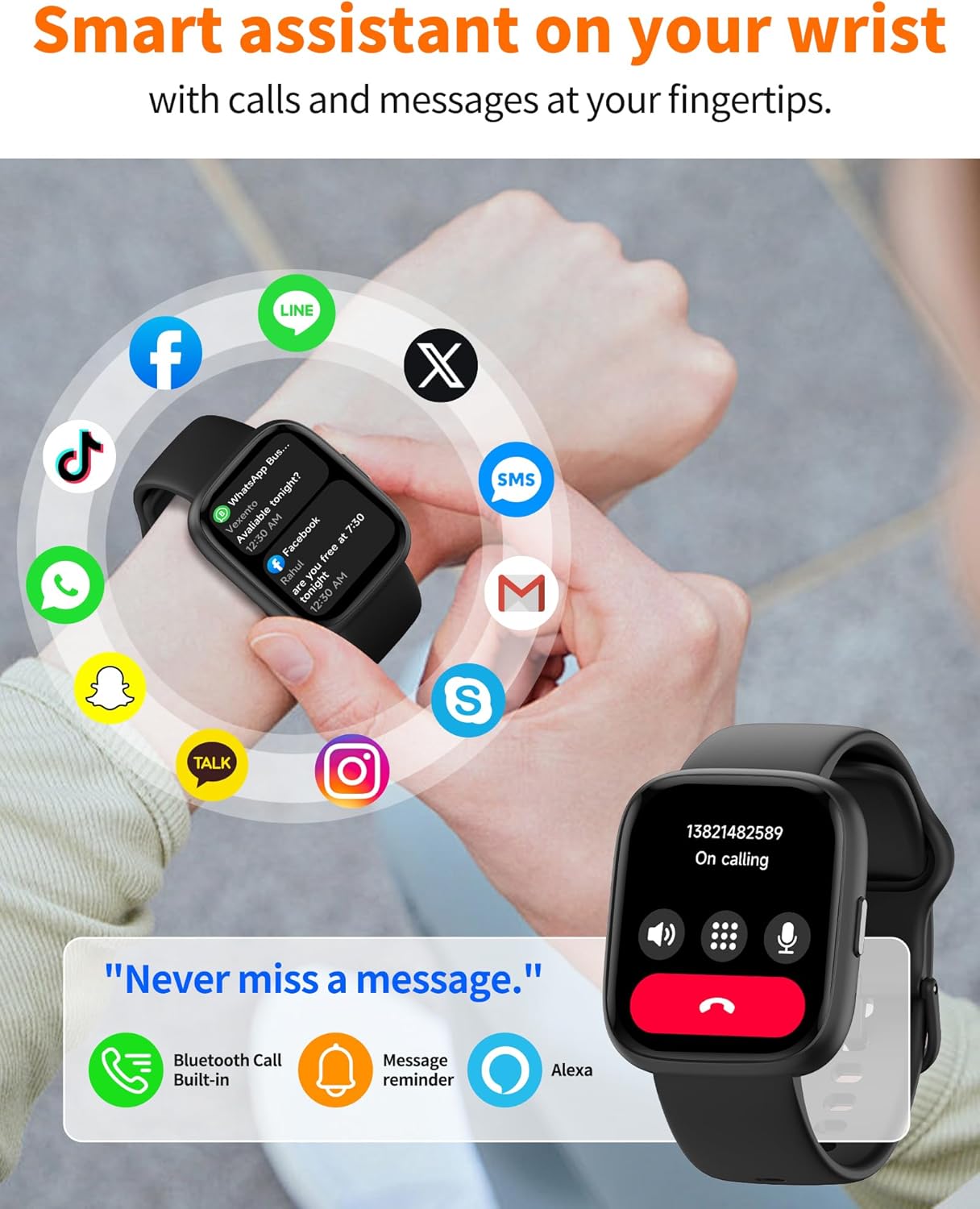 Smart Watch for Men Women, Bluetooth Calling, 1.83" HD Touch Screen Fitness Tracker, 100+ Sports Modes, Heart Rate Sleep Monitor, DIY Dial, IP68 Waterproof, Compatible with Android & iOS