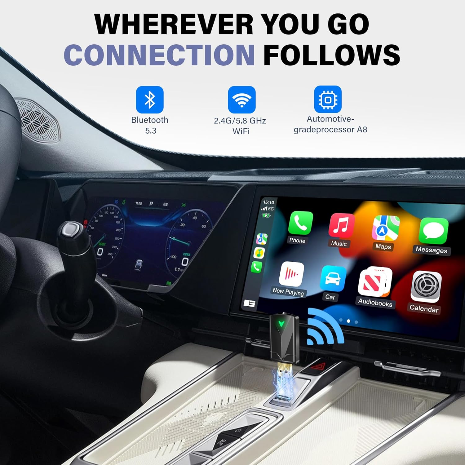 Wireless CarPlay Adapter– Android Auto Wireless Adapter, 5.8GHz Wi-Fi Plug & Play,Mini and Stable iOS 10+/Android 10+, Fast Auto-Connect for Cars 2016+.