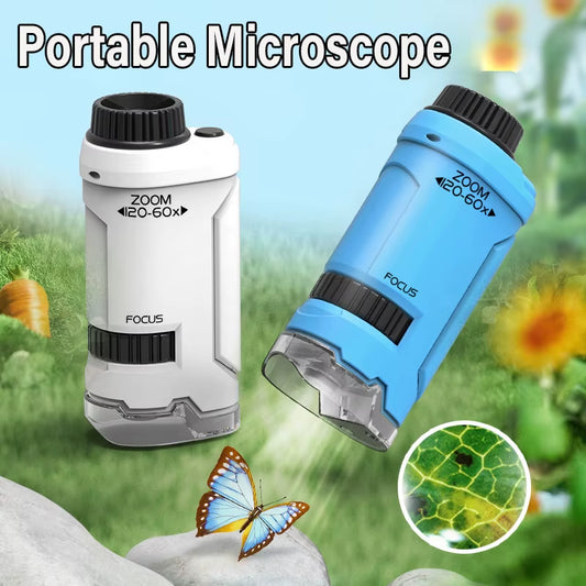 Mini Pocket Microscope Handheld Microscope Kit Battery Powered Microscope with Lab LED Light 60X-120X Biological Kids Science