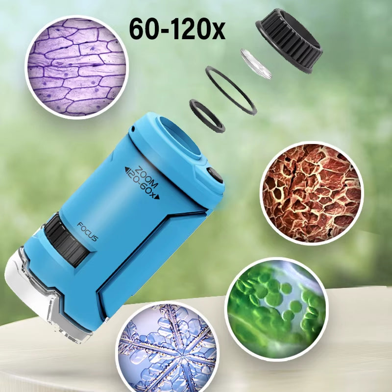 Mini Pocket Microscope Handheld Microscope Kit Battery Powered Microscope with Lab LED Light 60X-120X Biological Kids Science